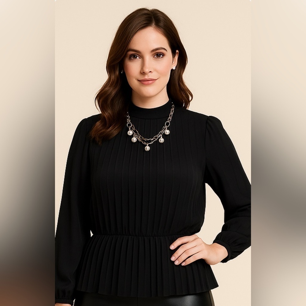 Classiques Entier women’s blouse 100% silk Y2K retro pleated cinched chic Blk XS